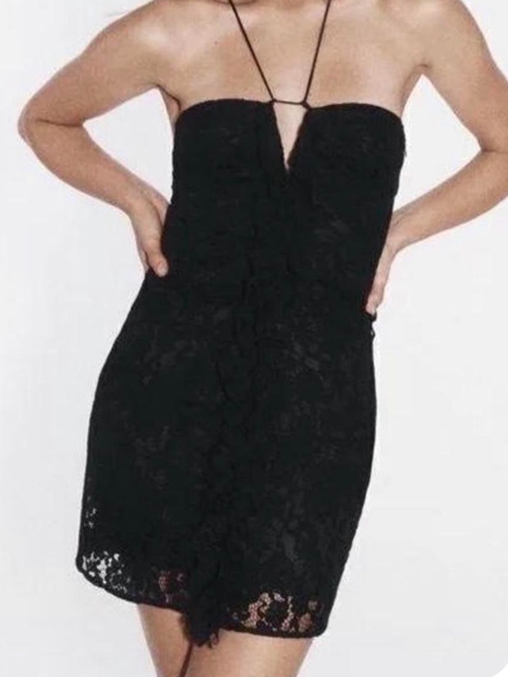 Zara Black Strapless Lace Mini Dress with Neck Tie